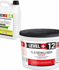 Fertig Flexkleber 15kg + Tiefengrund 5L Dispersionkleber Weiß Steinkleber LEVEL+ SET207