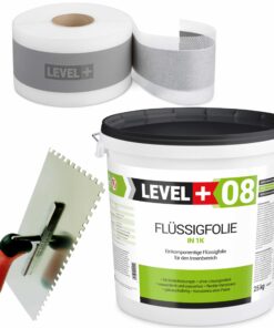 Dichtset Badabdichtung Dichtfolie Duschelement Dichtband Flüssigfolie 25kg + Zahnglätter Edelstahl LEVEL+ SET50