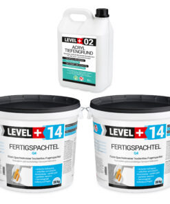 Fertigspachtel 40kg Spachtelmasse Polymer-Gips-Flächenglätter und Acryl Tiefengrund 5L LEVEL+ SET602