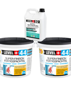 Super-Finish Fertigspachtel Masse 40kg Spachtelmasse Polymer-Gips-Flächenglätter und Acryl Tiefengrund 5L LEVEL+ SET605