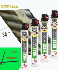 SET Streifennägel 34° D-Kopf blank 3,1x90mm glatt 4400 St. HB43 + 4x Gaskartusche 165mm HB31