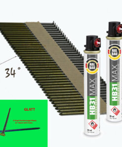 SET Streifennägel 34° D-Kopf blank 3,1x90mm glatt 2200 St. HB43 + 2x Gaskartusche 165mm HB31