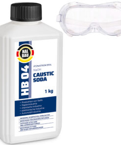 Rohrreiniger Ätzsoda Ölfarbentferner Flasche 1kg kaustisches Soda Natronlauge + Schutzbrille Arbeitskomfort Set HB04