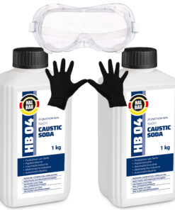 Ätzsoda Rohrreiniger 2x1kg Flasche Abflussfrei kaustisches Soda Natronlauge + Schutzbrille + Nitrillhandschuhe Arbeitskomfort Set HB04