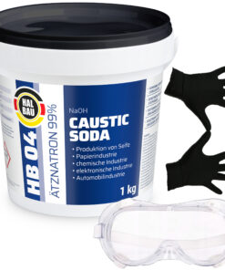 Ätzsoda Rohrreiniger Eimer 1kg Abflussfrei kaustisches Soda Natronlauge + Schutzbrille + Nitrillhandschuhe Arbeitskomfort Set HB04