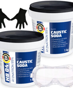 Ätzsoda Rohrreiniger 2x1kg Eimer Abflussfrei kaustisches Soda Natronlauge + Schutzbrille + Nitrillhandschuhe Arbeitskomfort Set HB04
