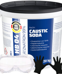 Ätzsoda Rohrreiniger Eimer 20kg Abflussfrei kaustisches Soda Natronlauge + Schutzbrille + Nitrillhandschuhe Arbeitskomfort Set HB04