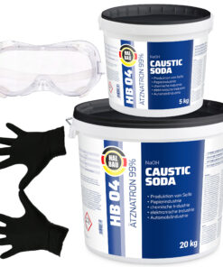 Ätzsoda Rohrreiniger Eimer 20+5kg Abflussfrei kaustisches Soda Natronlauge + Schutzbrille + Nitrillhandschuhe Arbeitskomfort Set HB04