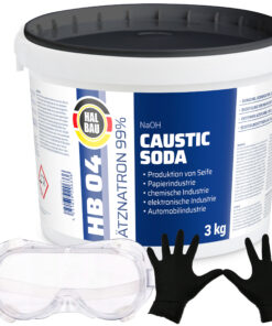 Ätzsoda Rohrreiniger Eimer 3kg Abflussfrei kaustisches Soda Natronlauge + Schutzbrille + Nitrillhandschuhe Arbeitskomfort Set HB04