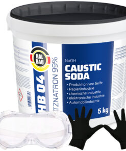 Ätzsoda Rohrreiniger Eimer 5kg Abflussfrei kaustisches Soda Natronlauge + Schutzbrille + Nitrillhandschuhe Arbeitskomfort Set HB04