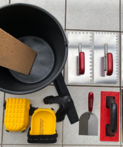 Alternative view of Fliesenlegerset 9teilig Waschset Fugbrett Zahnkellen Holzgriff Waschbrett Knieschützer Gelb Baueimer ConToo CT02