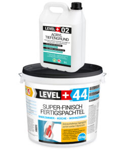Super-Finish Fertigspachtel Masse 20kg Spachtelmasse Polymer-Gips-Flächenglätter und Acryl Tiefengrund 5L LEVEL+ SET603