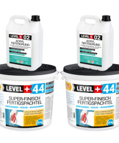 Super-Finish Fertigspachtel Masse 40kg Spachtelmasse Polymer-Gips-Flächenglätter und Acryl Tiefengrund 10L LEVEL+ SET604
