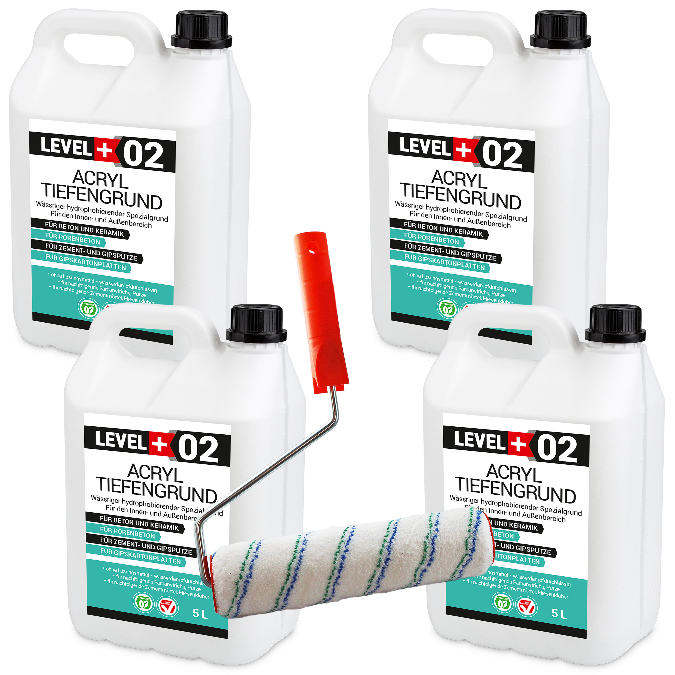 Tiefengrund Acryl 20L Grundierung Verfärbungsfrei Lösungsmittelfrei unter Farben Tapeten + Farbroller 25cm LEVEL+02