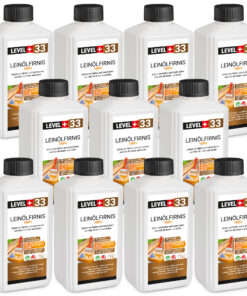 Leinöl Firnis 11x1 Liter, Holzschutz, Doppelt Gekocht, Holzpflege, Holzöl, Schnelle Trocknung, Natürlicher Holzschutz, Harzfrei LEVEL+33