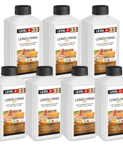 Leinöl Firnis 7x1 Liter, Holzschutz, Doppelt Gekocht, Holzpflege, Holzöl, Schnelle Trocknung, Natürlicher Holzschutz, Harzfrei LEVEL+33