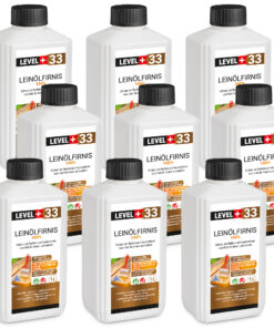 Leinöl Firnis 9x1 Liter, Holzschutz, Doppelt Gekocht, Holzpflege, Holzöl, Schnelle Trocknung, Natürlicher Holzschutz, Harzfrei LEVEL+33