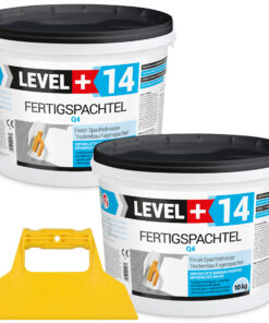 Fertigspachtel Spachtelmasse 10+10 kg Glättspachtel Fugenspachtel Trockenbau Rein Weiß + Kunststoffspachtel ohne Zahnung Set LEVEL+14
