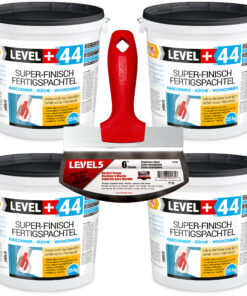 Super Finish Fertigspachtel 100Kg Spachtel Masse Eimerschaber Reiniger SET LEVEL+44 + LEVEL5 5-210