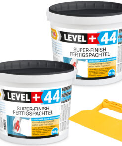 Super Finish Fertigspachtel Q1-Q4 Spachtelmasse 10+10Kg Perfekt Glatt Weiß Innenbereich + Kunststoffspachtel Fugenspachtel ohne Zahnung Set LEVEL+44