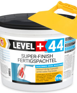 Super Finish Fertigspachtel Q1-Q4 Spachtelmasse 15Kg Perfekt Glatt Weiß Innenbereich + Kunststoffspachtel Fugenspachtel ohne Zahnung Set LEVEL+44