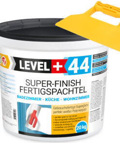 Super Finish Fertigspachtel Q1-Q4 Spachtelmasse 20Kg Perfekt Glatt Weiß Innenbereich + Kunststoffspachtel Fugenspachtel ohne Zahnung Set LEVEL+44