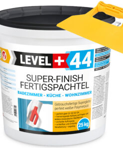 Super Finish Fertigspachtel Q1-Q4 Spachtelmasse 25Kg Perfekt Glatt Weiß Innenbereich + Kunststoffspachtel Fugenspachtel ohne Zahnung Set LEVEL+44