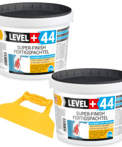 Super Finish Fertigspachtel Q1-Q4 Spachtelmasse 5+5Kg Perfekt Glatt Weiß Innenbereich + Kunststoffspachtel Fugenspachtel ohne Zahnung Set LEVEL+44