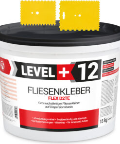 Fliesenkleber Fertigkleber Weiß 15kg Flex D2TE + 2 St. Zahnspachtel Kunstoff SET LEVEL+12