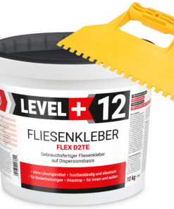 Fliesenkleber Fertigkleber Dispersionskleber Flex D2TE 10kg weiß + Kunstoffzahnspachtel LEVEL+12 SET