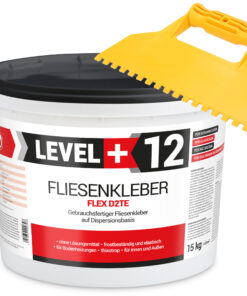 Fliesenkleber Fertigkleber Dispersionskleber Flex D2TE 15kg weiß + Kunstoffzahnspachtel LEVEL+12 SET