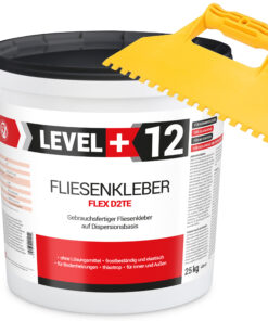 Fliesenkleber Fertigkleber Dispersionskleber Flex D2TE 25kg weiß + Kunstoffzahnspachtel LEVEL+12 SET