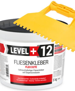 Fliesenkleber Fertigkleber Dispersionskleber Flex D2TE 5kg weiß + Kunstoffzahnspachtel LEVEL+12 SET