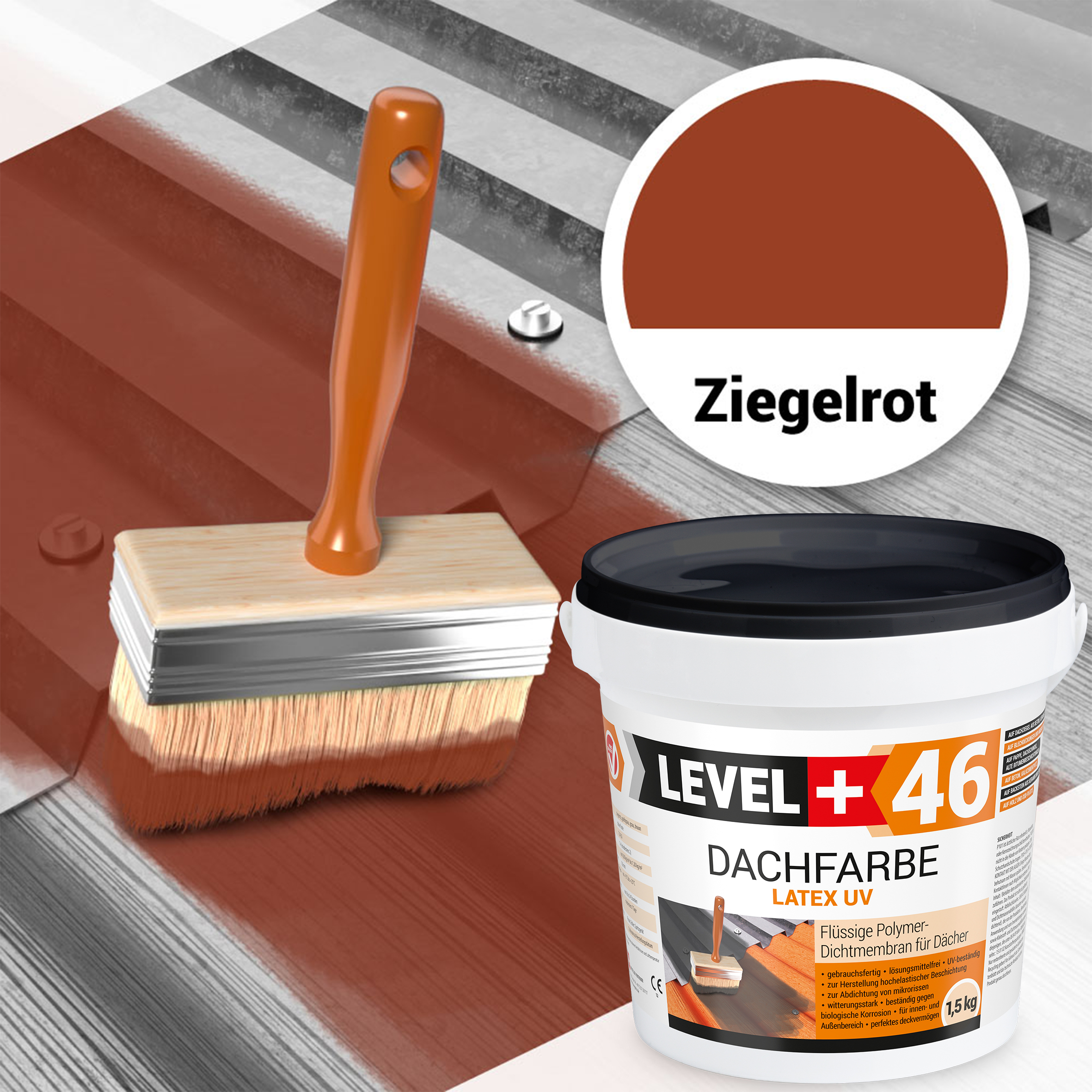 Dachfarbe 1,5kg Ziegelrot Flexible Sockelfarbe Dachlack UV-beständig + Farbroller 10cm mit Bügel SET L+46 – Bild 4