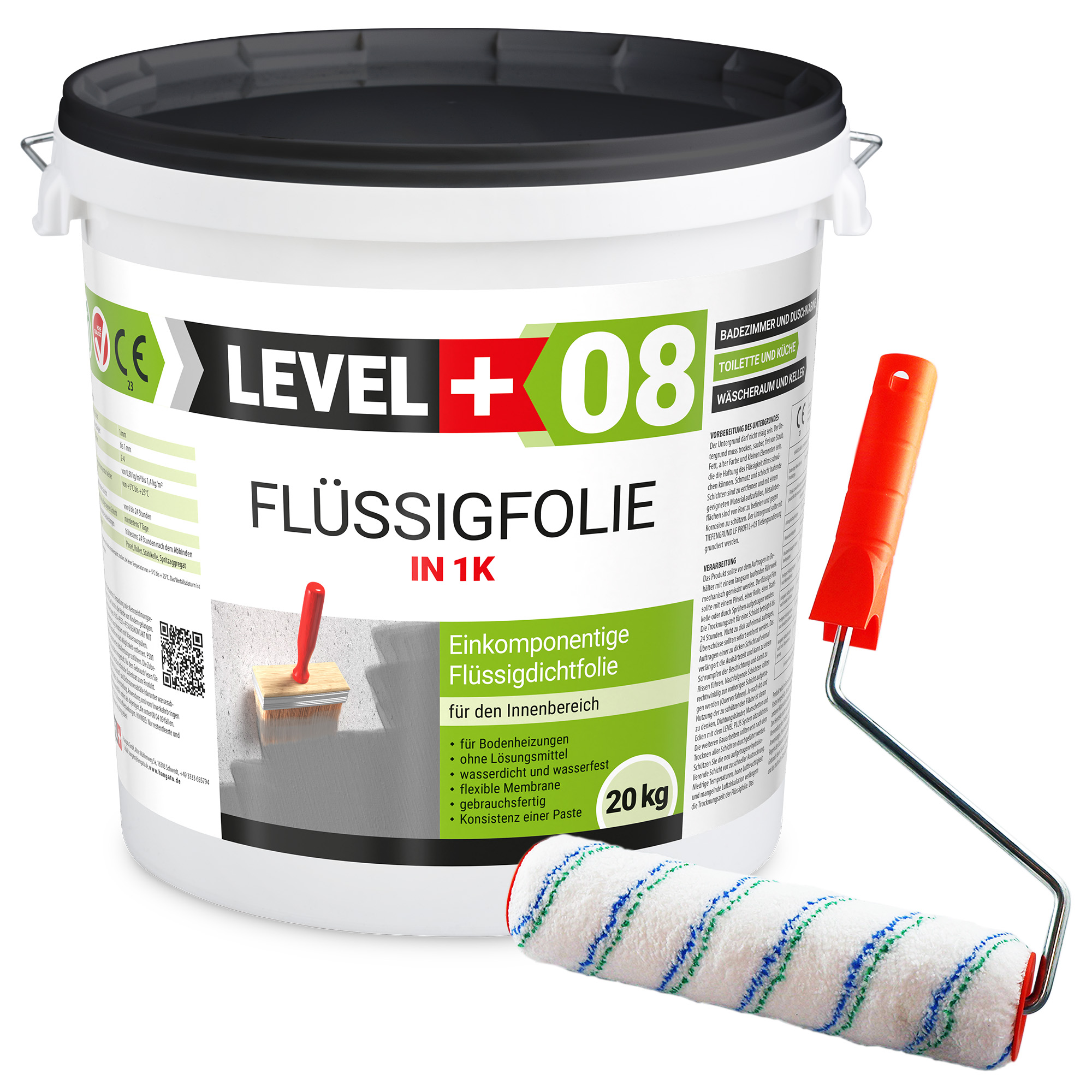 Flüssigfolie in 1K Dichtfolie Abdichtfolie Abdichtung Bad Dusche Küche Wasserdicht 20Kg + Farbroller 25cm LEVEL+08