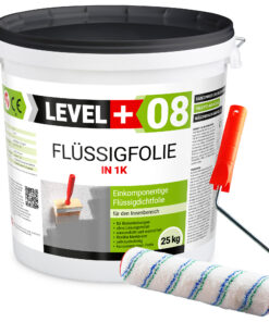 Flüssigfolie in 1K Dichtfolie Abdichtfolie Abdichtung Bad Dusche Küche Wasserdicht 25Kg + Farbroller 25cm LEVEL+08