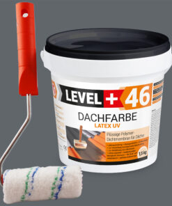 Dachfarbe 1,5kg Steingrau Flexible Sockelfarbe Dachlack UV-beständig + Farbroller 10cm mit Bügel SET L+46
