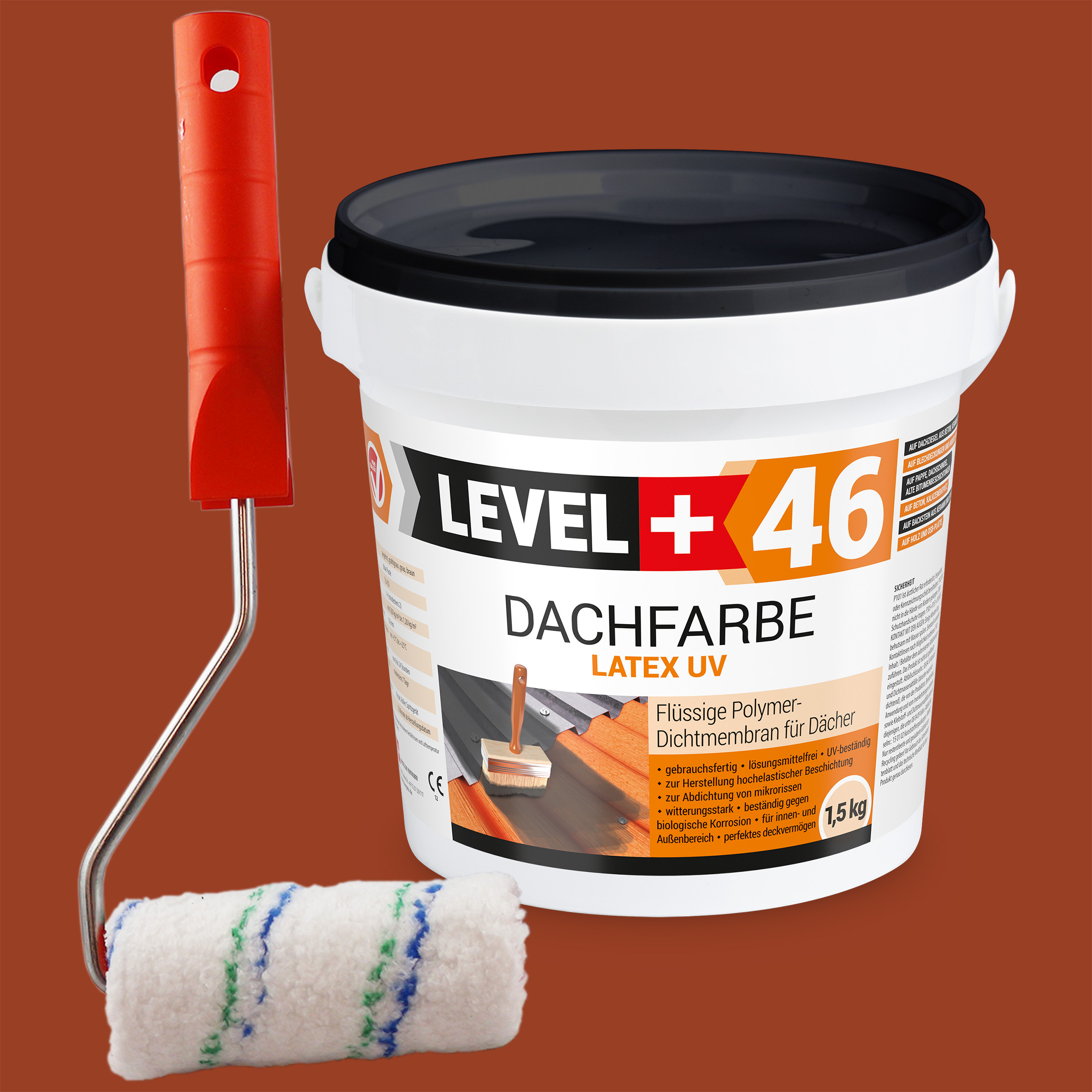 Dachfarbe 1,5kg Ziegelrot Flexible Sockelfarbe Dachlack UV-beständig + Farbroller 10cm mit Bügel SET L+46