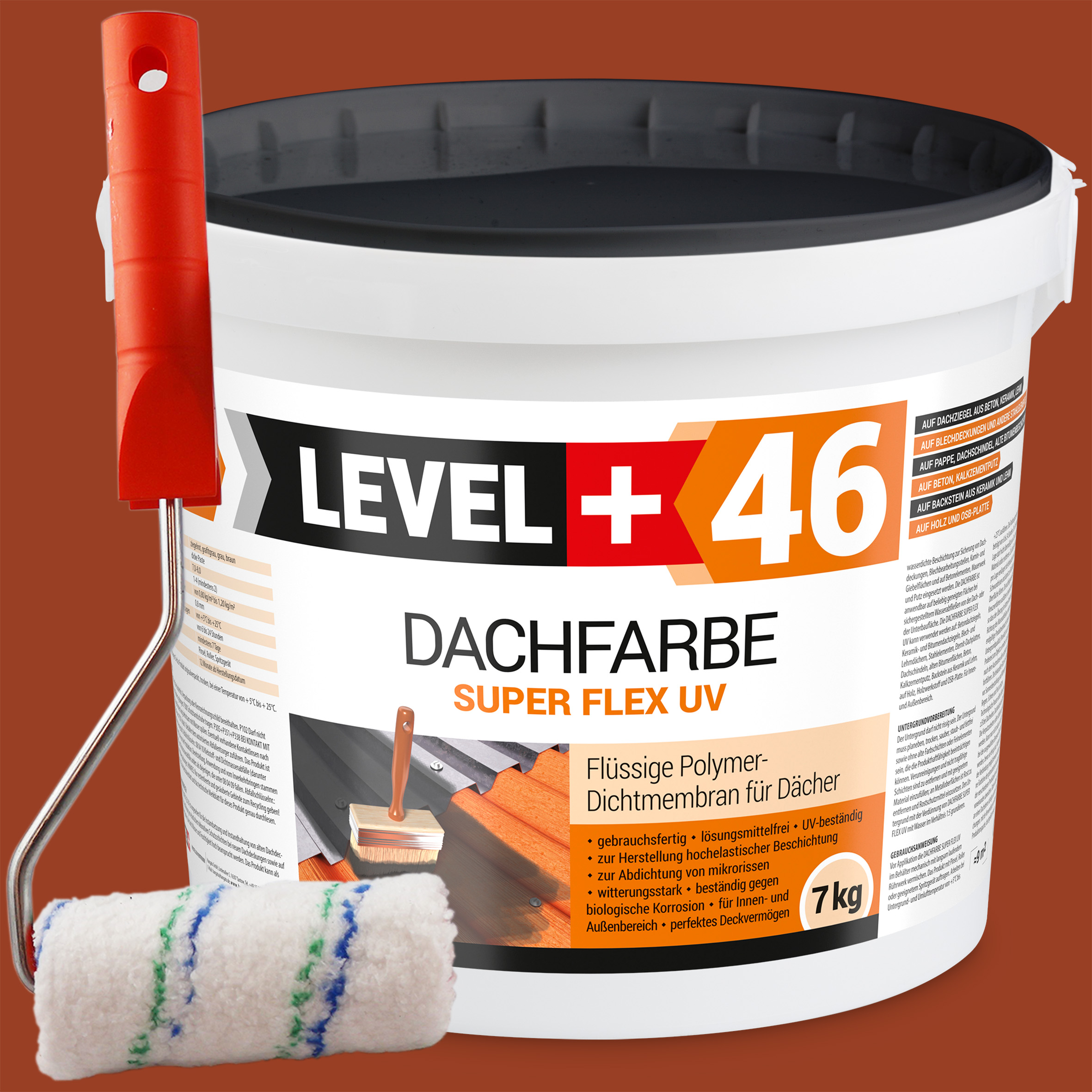 Dachfarbe 7kg Ziegelrot Flexible Sockelfarbe Dachlack UV-beständig + Farbroller 10cm mit Bügel SET L+46