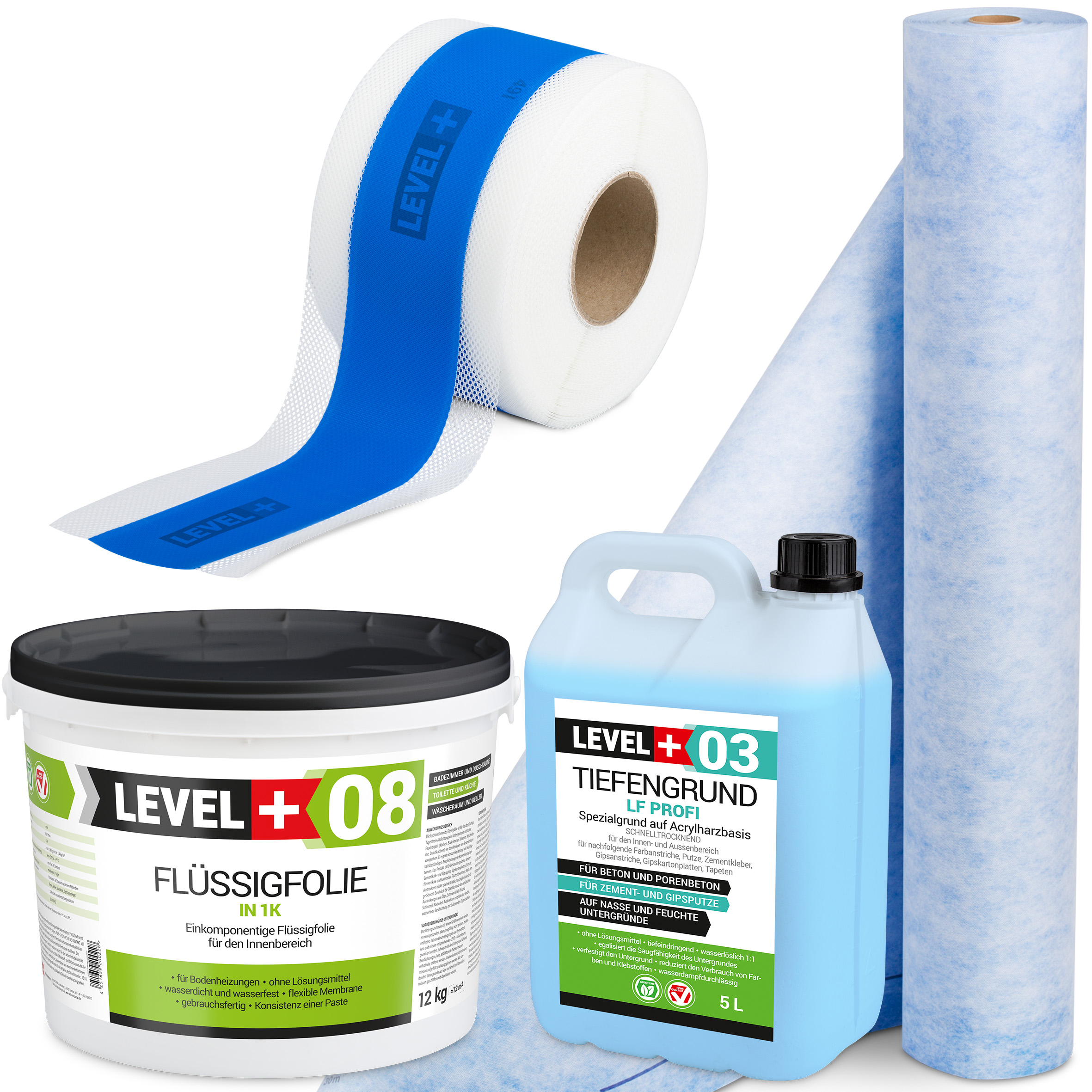 Dichtset Abdichtung Flüssigfolie 12kg Dichtbahn 2m² Tiefengrund Dichtband LEVEL+ SET312