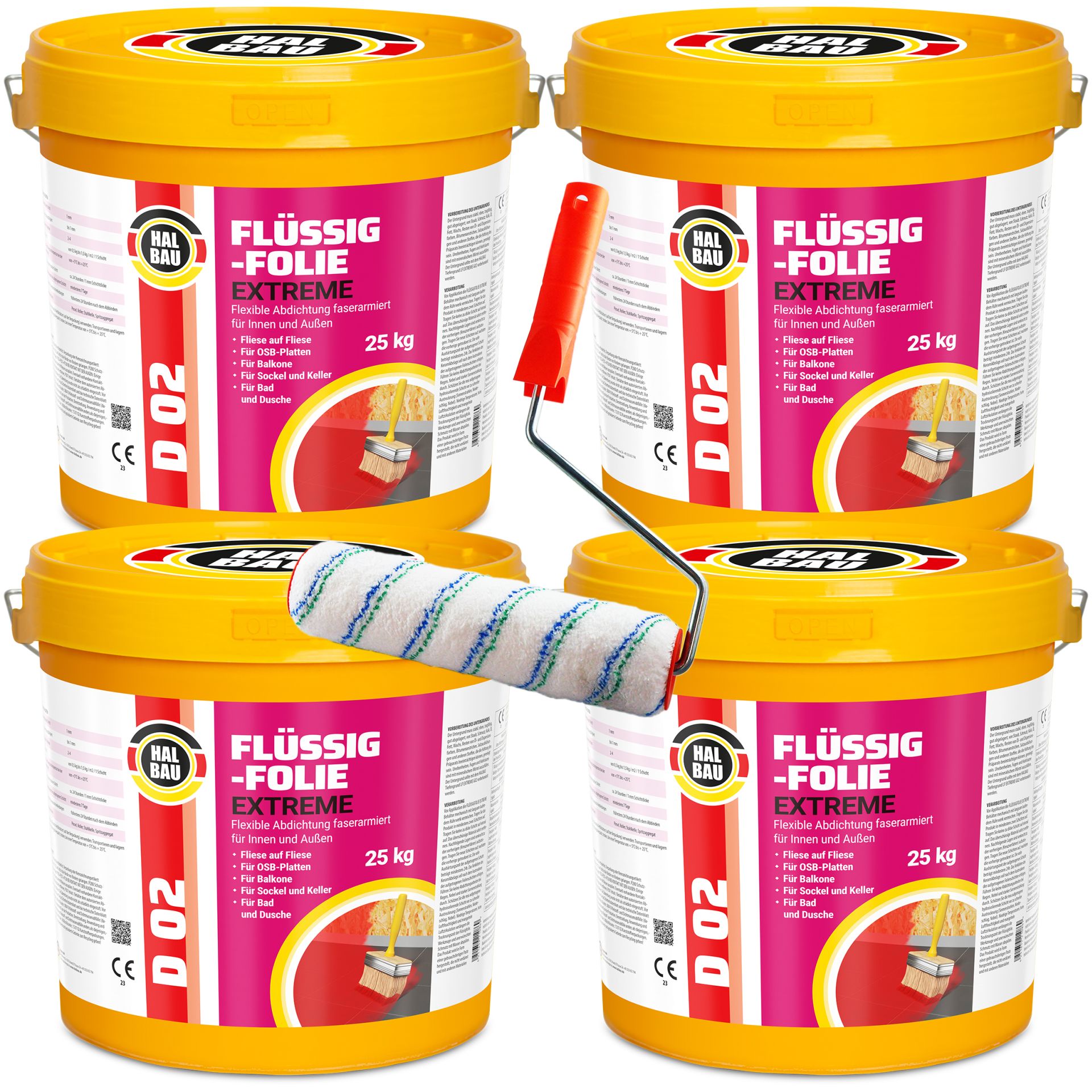 Flüssigfolie in 1K Dichtfolie Abdichtfolie Abdichtung Bad Dusche Küche Wassersperre 100Kg + Roller 25cm HALBAU D02