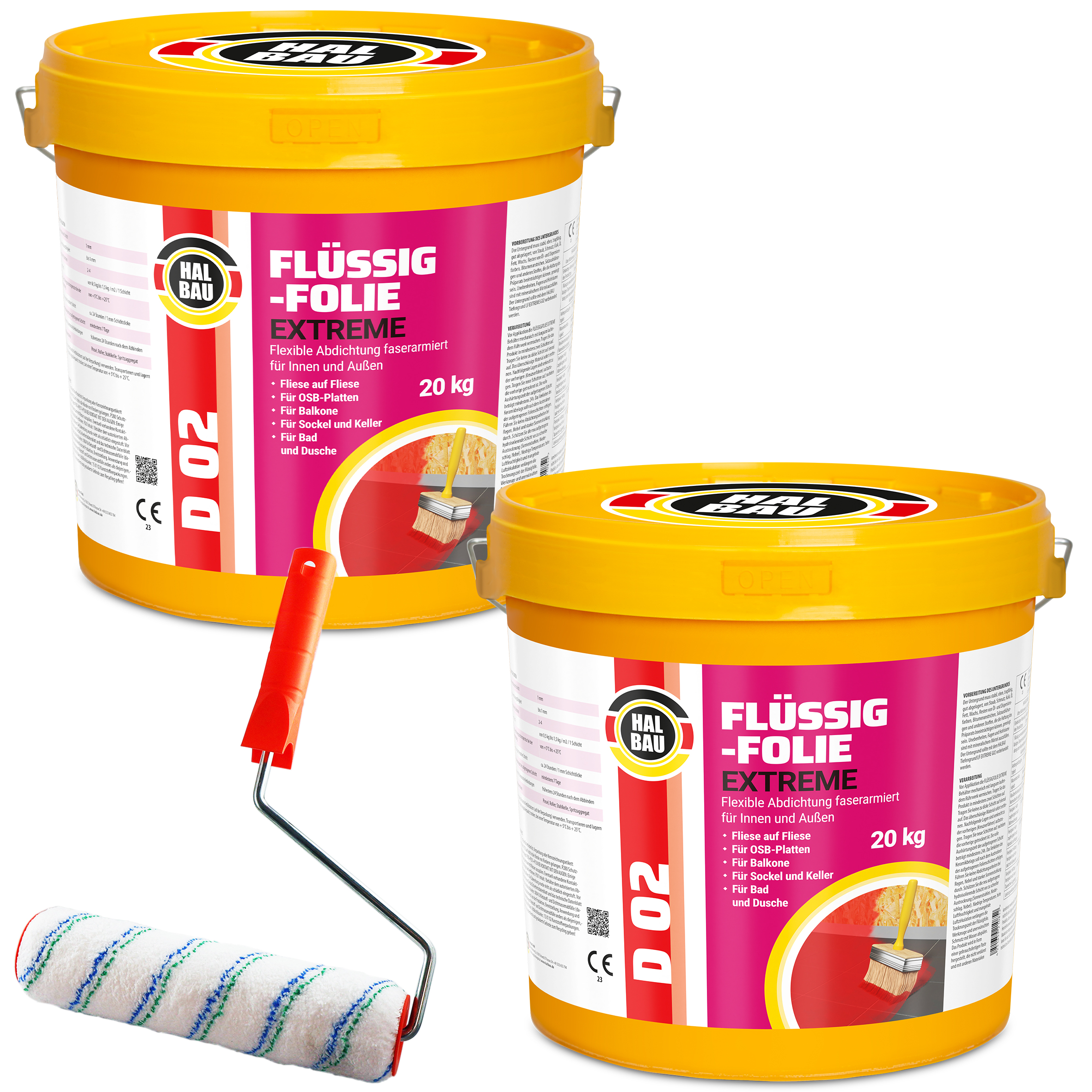 Flüssigfolie in 1K Dichtfolie Abdichtfolie Abdichtung Bad Dusche Küche Wassersperre 40Kg + Roller 25cm HALBAU D02