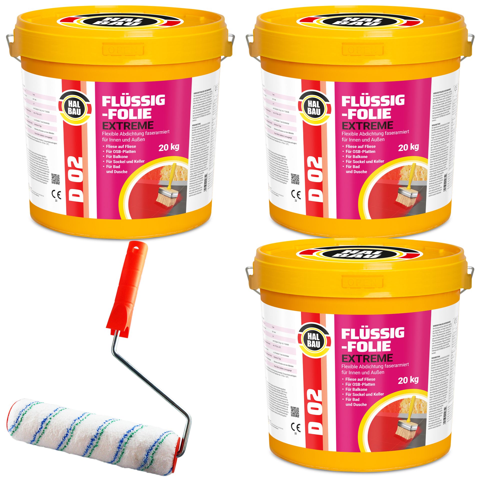 Flüssigfolie in 1K Dichtfolie Abdichtfolie Abdichtung Bad Dusche Küche Wassersperre 60Kg + Roller 25cm HALBAU D02