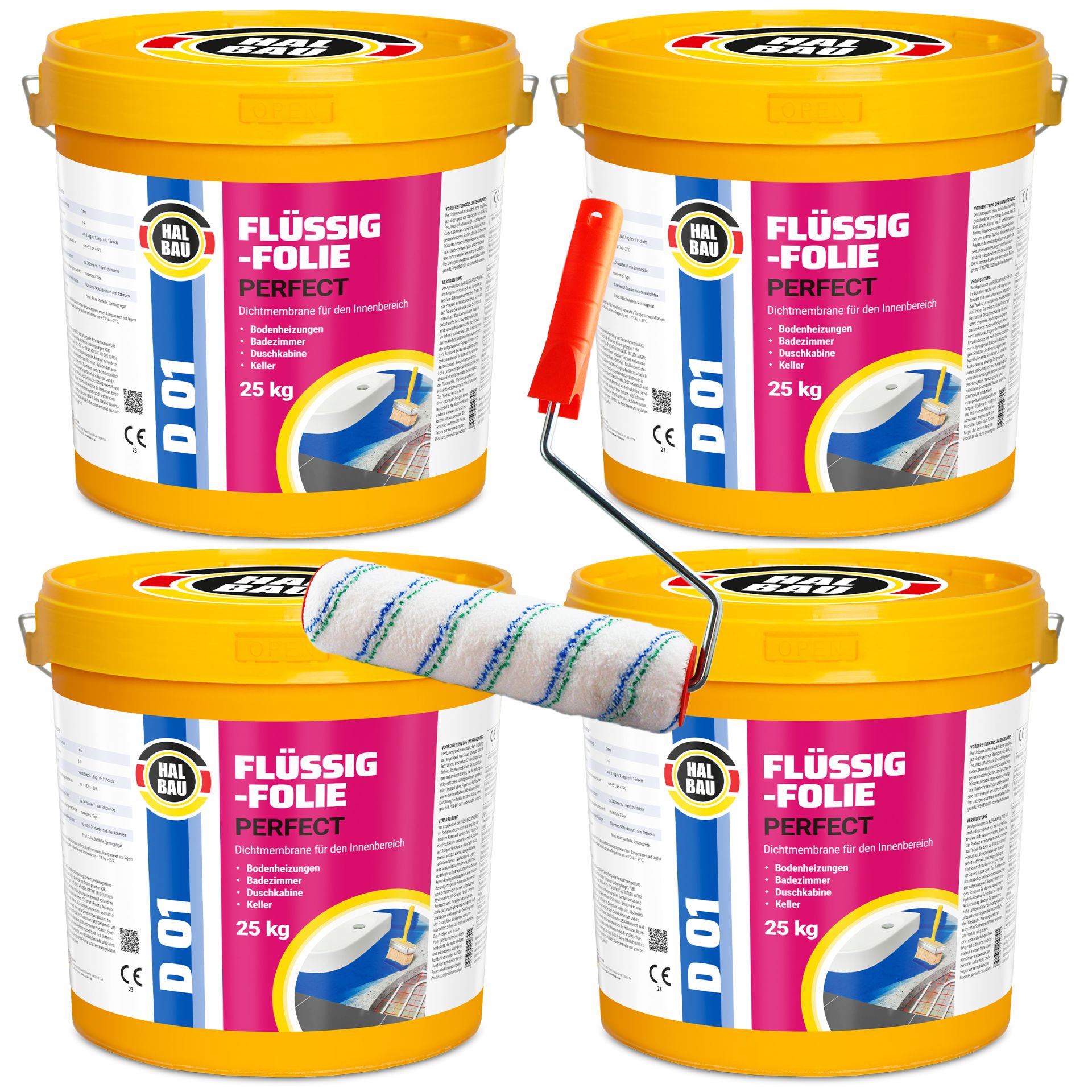 Flüssigfolie in 1K Dichtfolie Abdichtfolie Abdichtung Bad Dusche Küche Wasserdicht 100Kg + Roller 25cm HALBAU D01