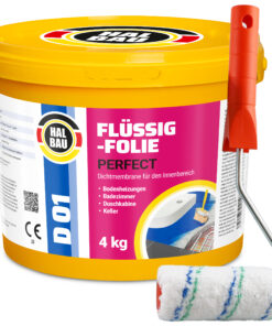 Flüssigfolie in 1K Dichtfolie Abdichtfolie Abdichtung Bad Dusche Küche Wasserdicht 4Kg + Roller 10cm HALBAU D01