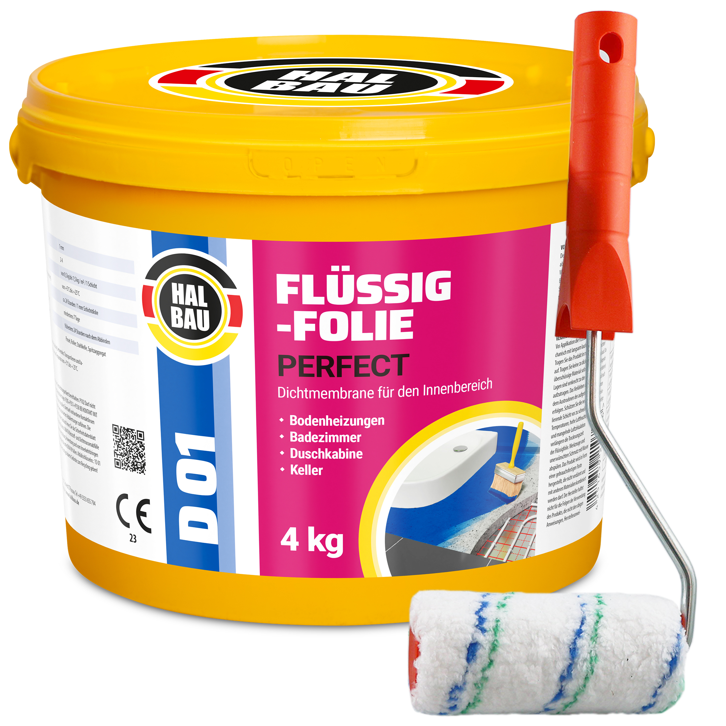 Flüssigfolie in 1K Dichtfolie Abdichtfolie Abdichtung Bad Dusche Küche Wasserdicht 4Kg + Roller 10cm HALBAU D01