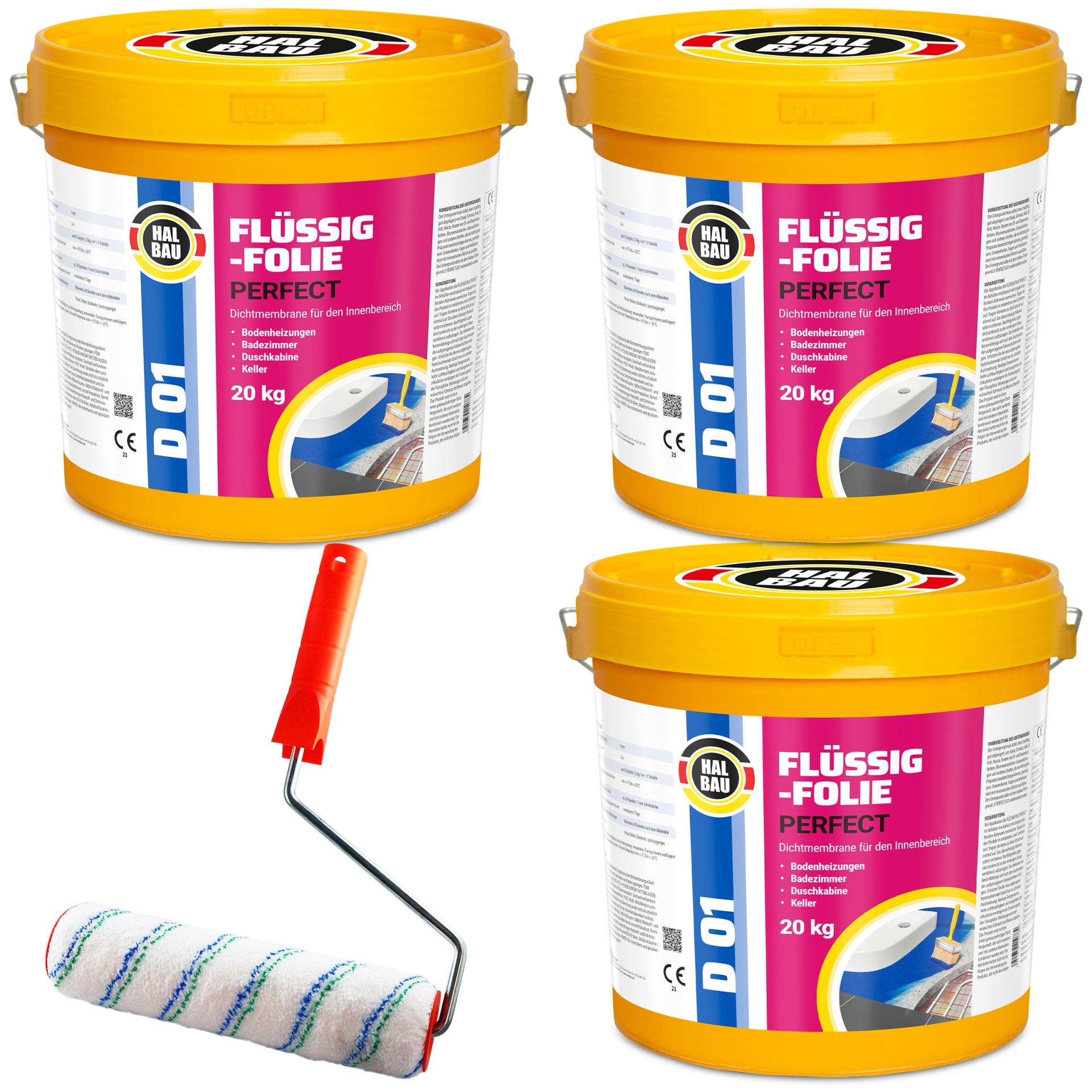 Flüssigfolie in 1K Dichtfolie Abdichtfolie Abdichtung Bad Dusche Küche Wasserdicht 60Kg + Roller 25cm HALBAU D01
