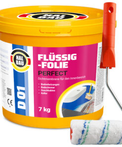 Flüssigfolie in 1K Dichtfolie Abdichtfolie Abdichtung Bad Dusche Küche Wasserdicht 7Kg + Roller 10cm HALBAU D01
