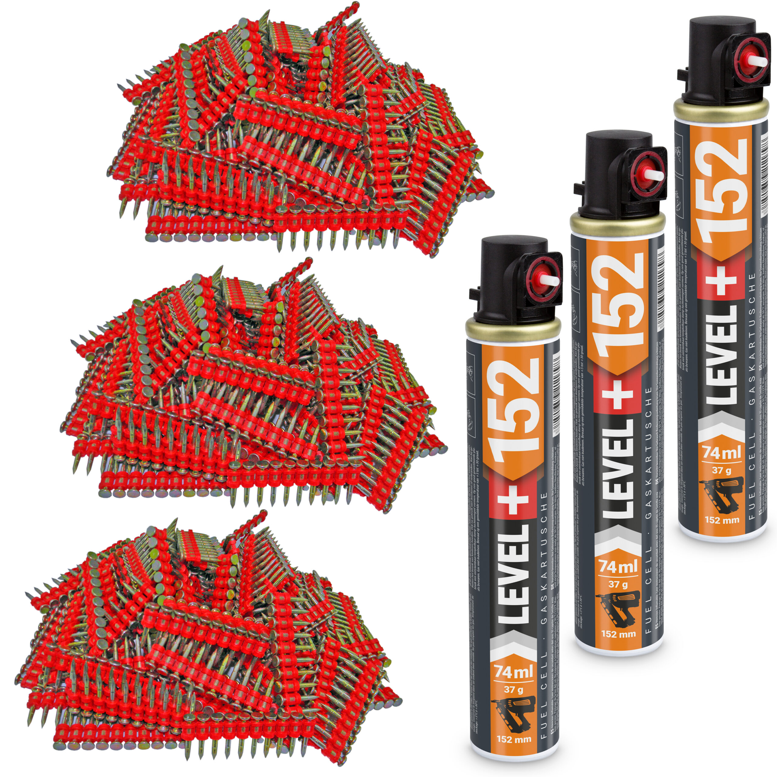 Set: 3000 St. Betonnägel 22mm/ Ø2,6mm für Gasnagler + 3 St. Ganzjahresgas Gaspatrone 152mm/ Ø32mm, Gaskartusche, Fuel Cell, HB42_LEVEL+152