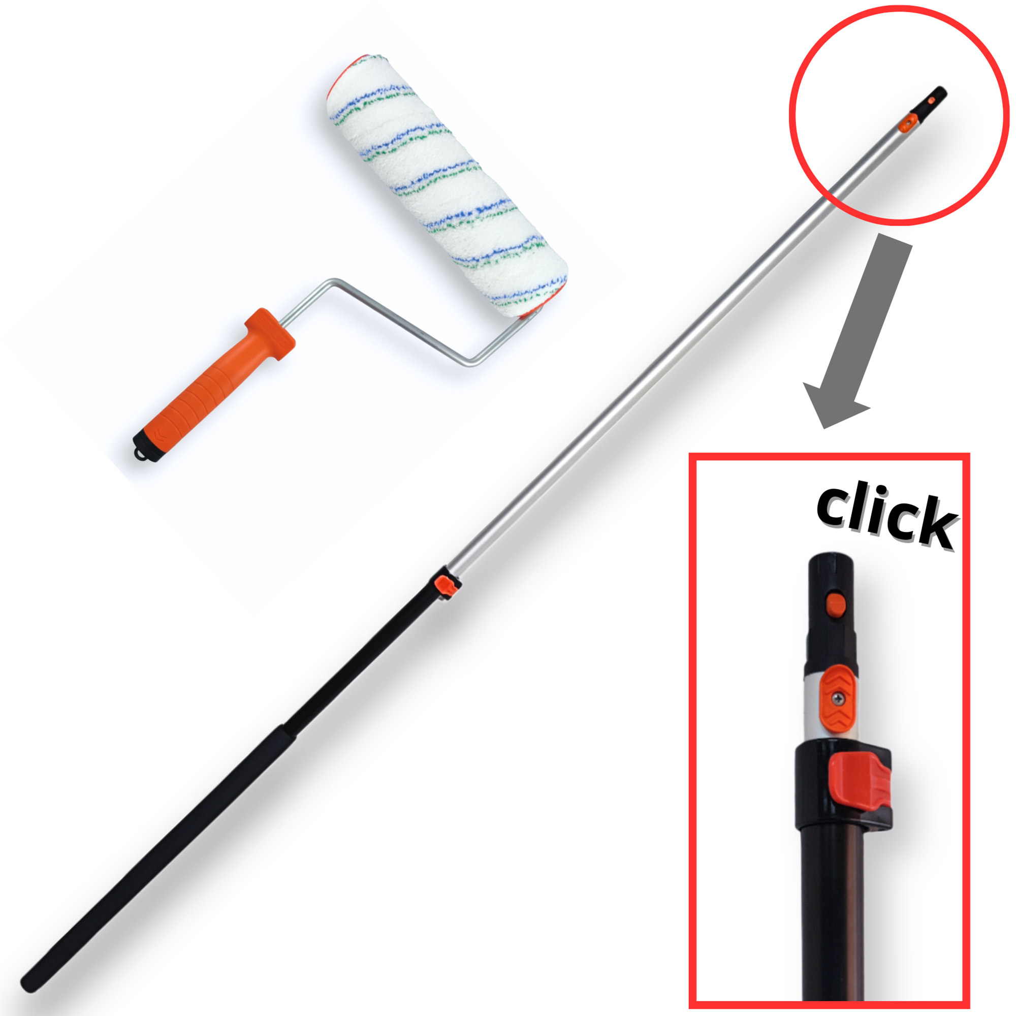 Maler Set 3tlg Farbroller Malerwalze 25cm Mikrofaser Teleskopstiel 1,8m Click – Bild 2